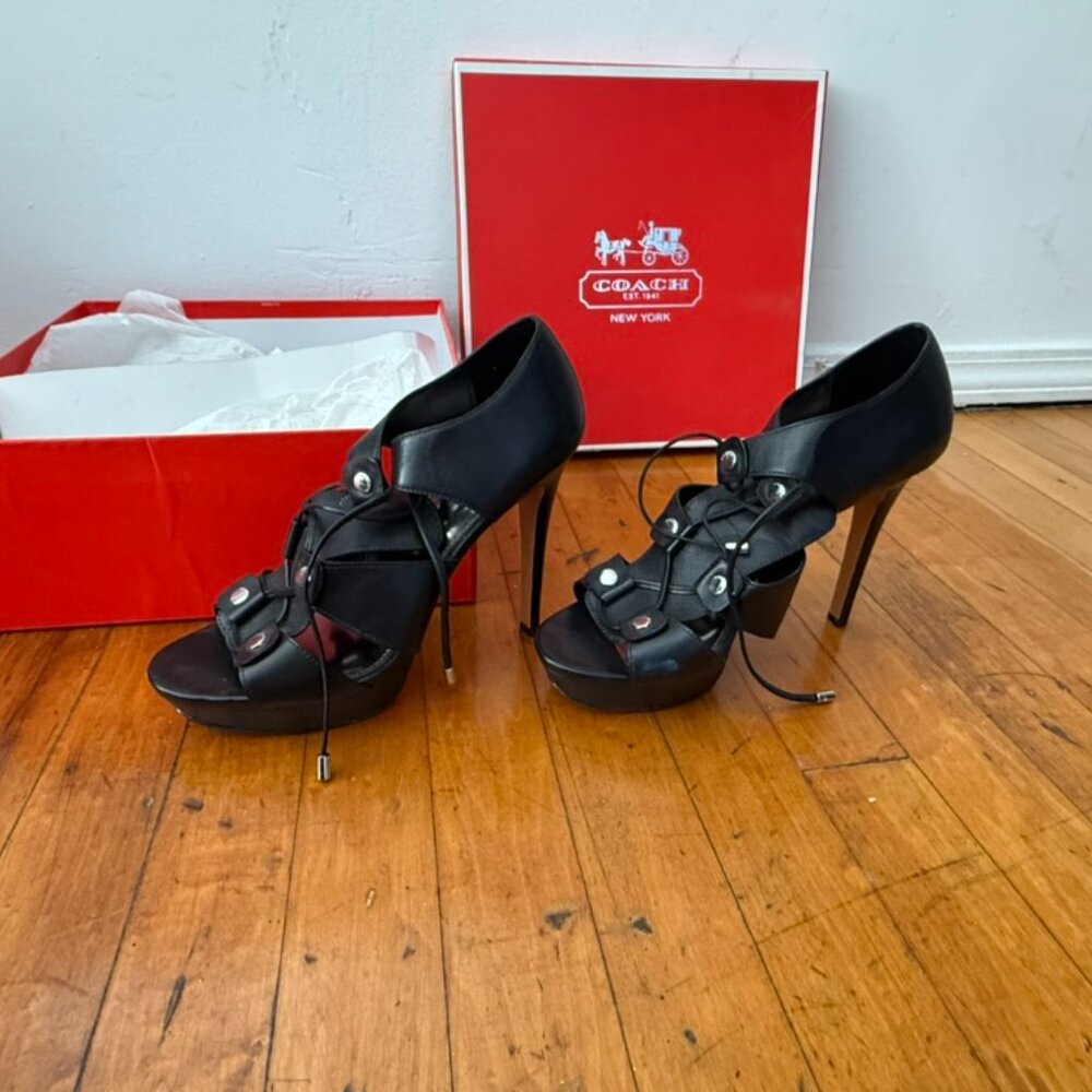 COACH Darrah black leather strappy stiletto 8.5